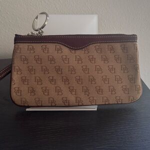 Dooney & Bourke Brown and Tan Wristlet Keychain- Canvas with Leather Trim